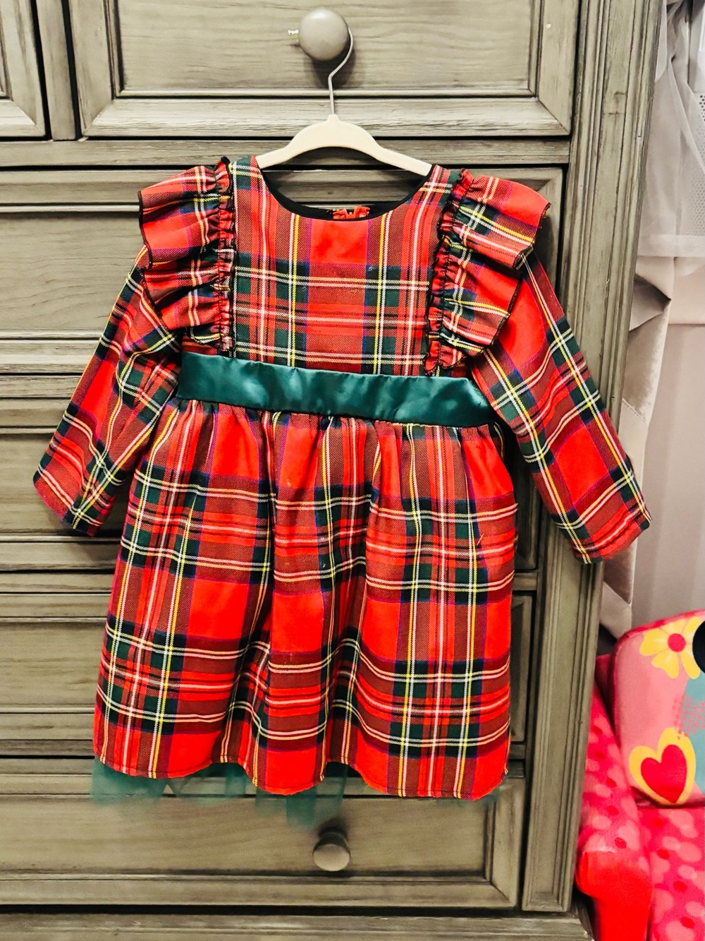 Girls' Red Plaid Holiday Dress with Green Sash